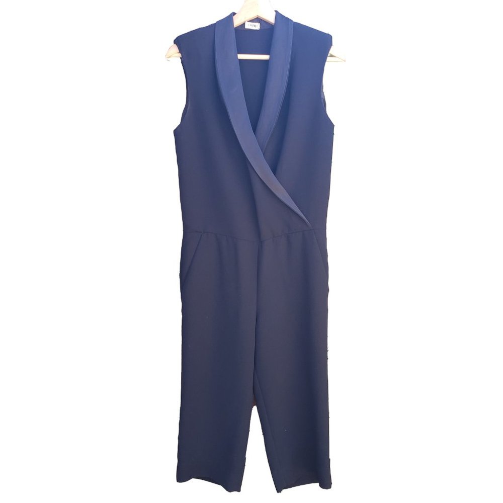 L'agence Tuxedo Jumpsuit Black Crop Leg Sleeveless Satin Collar Pockets 2